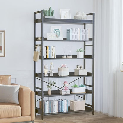 HCHQHS Bookshelf, Adjustable Industrial Bookcase, Vertical Tall Book Shelf, Wood and Black Metal Open Bookshelves for Home Office, Living Room, Bedroom (Black, 6-Tier (31" W x 70" H))