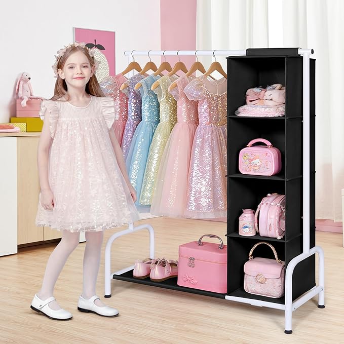 Univivi Kids Dress Up Rack with Hanging Organizer, Kids Wardrobe Closet for Hanging Clothes, Short Toddler Dress Up Storage Rack for Baby Clothes, Dance Costumes, Black/White