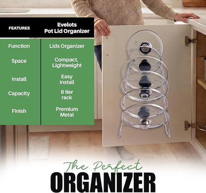 Evelots 6-Tier Pot Lid Organizer for Cabinet Door or Pantry Wall - Pots and Pans Lid Holder Rack - Glass or Metal Pan Covers Cabinet Organizer Kitchen Storage - Chrome Finished