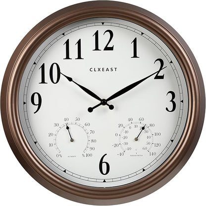 CLXEAST Indoor Outdoor Clocks Waterproof 16 Inch, Large Outdoor Clock Thermometer Combo& Hygrometer,Bronze/Dark Brown Finish,House Warming Gifts New Home