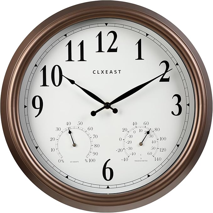 CLXEAST Indoor Outdoor Clocks Waterproof 18 Inch, Large Outdoor Clock with Temperature and Humidity Combo,Weatherproof,Bronze/Brown