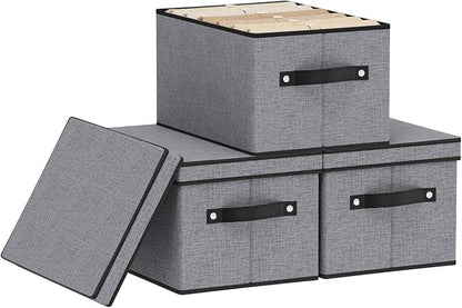 YheenLf Storage Boxes, 7.1 x 9.1 x 13 Inch Closet Organizers for Shelves Bedroom Office with Handles, Storage Bins with Lids, Gray, 3-Pack