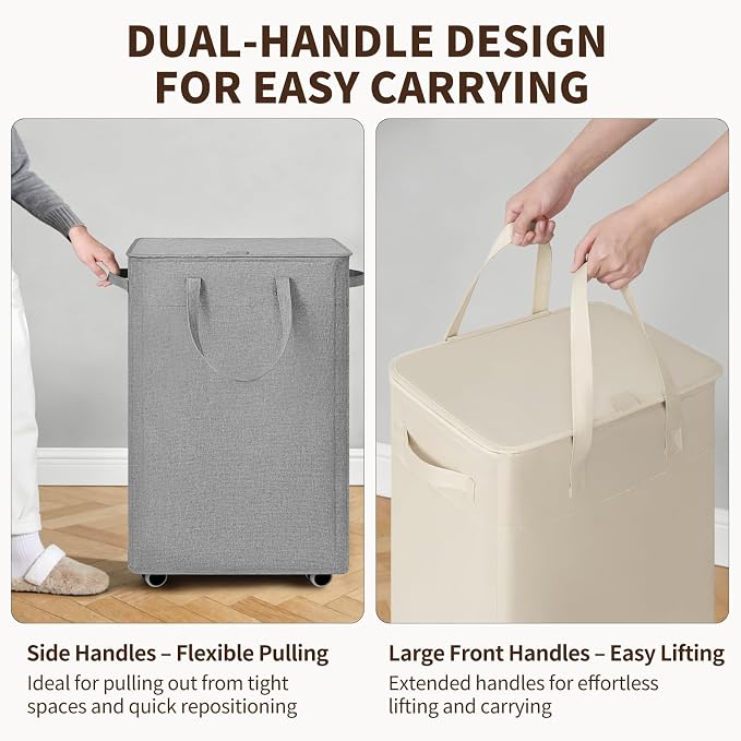 Goodpick Pink Laundry Basket with Wheels and Lid, 75L Rolling Laundry Hamper for Bathroom Bedroom, Collapsible Large Clothes Hamper with Removable Wash Bag, 16.5" x 12.5" x 27.5"