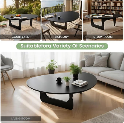 Solid Wood Triangle Coffee Table,Unique Mid Century Modern Oval Coffee Table,Irregular Geometric Tea Tables for Home Living Room with Wooden Tabletop and Reinforced (Black, 33" L x 24" W x 16" H)