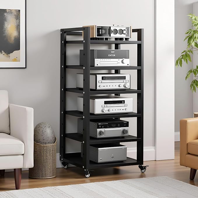 6 Tier AV Media Stand, 47in Audio Rack Tower Stereo Components Cabinet, Home Theatre CD Record Player Stereo Receiver Equipment Rack with Adjustable Wood Shelves, Load 400lbs (Black)