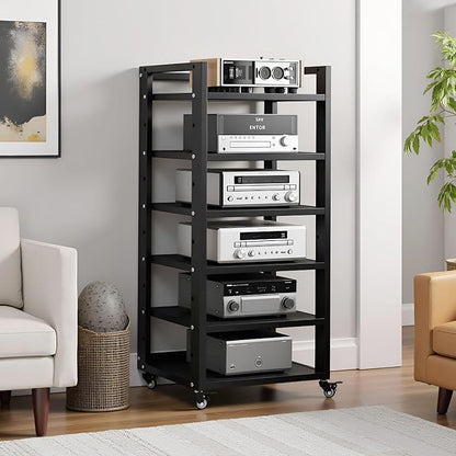 6 Tier AV Media Stand, 47in Audio Rack Tower Stereo Components Cabinet, Home Theatre CD Record Player Stereo Receiver Equipment Rack with Adjustable Wood Shelves, Load 400lbs (Black)