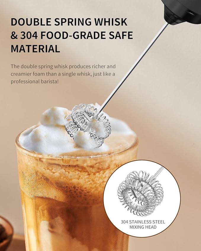 CIRCLE JOY Rechargeable Milk Frother Hanheld, Dual Coil Whisk Head Electric Coffee Frother, Portable Hand Frother Wand Drink Mixer for Matcha Lattes Cappuccino, Kitchen Gifts, Black