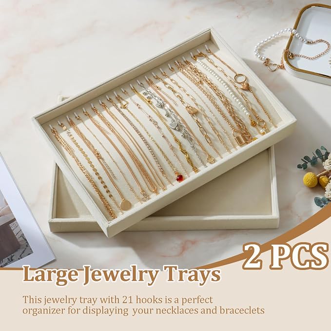 Large Velvet Jewelry Tray 2 Pack Stackable Jewelry Display Drawer Inserts Trays Organizer for Earring Bracelet Necklace Ring (Beige, 20 Hooks)