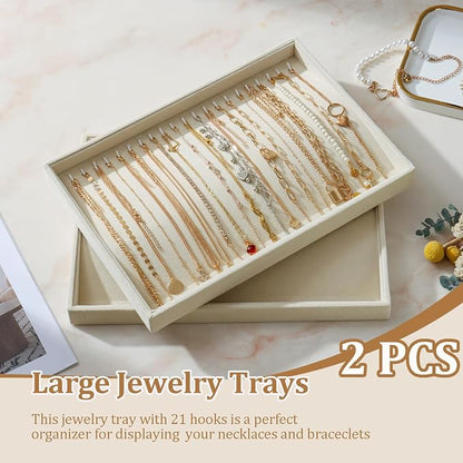 Large Velvet Jewelry Tray 2 Pack Stackable Jewelry Display Drawer Inserts Trays Organizer for Earring Bracelet Necklace Ring (Beige, 20 Hooks)