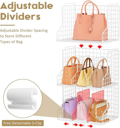 Sonyabecca Purse Storage Organizer for Closet : Adjustable 3-Pack Dividers Handbag Organizer - Stackable Wire Handbags Storage Baskets -Open Cabinets Wallets Tote Chain Bags Clutches -White