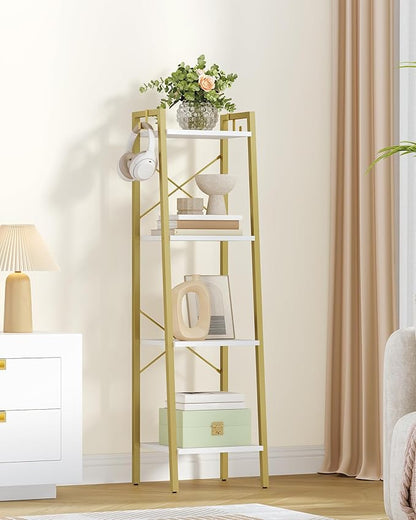 Ladder Shelf, Bookshelf Bookcase, Freestanding Corner Storage Shelve with 2 Hooks for Home Office, Living Room, Kitchen, Bedroom, Industrial, 11.8" D x 13.4" W x 47.2" H, White Gold BC13213G