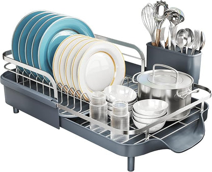 SNTD Dish Drying Rack, Expandable Dish Rack for Kitchen Counter, Stainless Steel Dish Drainer with Drainboard Set and Utensil Holder (Gray)
