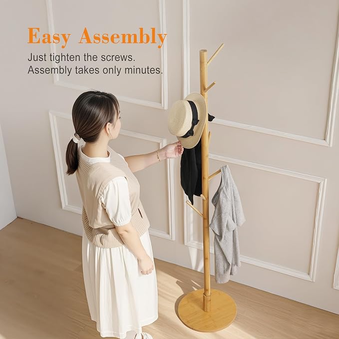 VECELO Coat Rack Freestanding, Entryway Hanger Stand, Umbrella Holder, Hall Tree With Hooks, Floor Standing Tree Stand,Light Wood