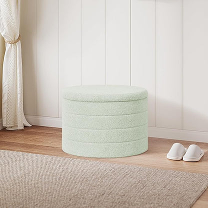 PINPLUS Round Ottoman with Storage, Foldable Sherpa Ottoman Stool with Tray,Boucle Foot Rest for Living Room, Bedroom, Dorm(Green)