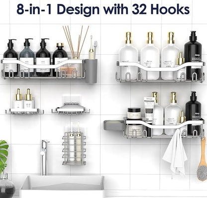 NESOMI Shower Caddy Adhesive Shower Organizer 8-Pack, Rustproof Stainless Steel Bathroom Shelves, Large Capacity No-Drill Rack Storage Accessories with Soap Dish Toothbrush Holder Hooks