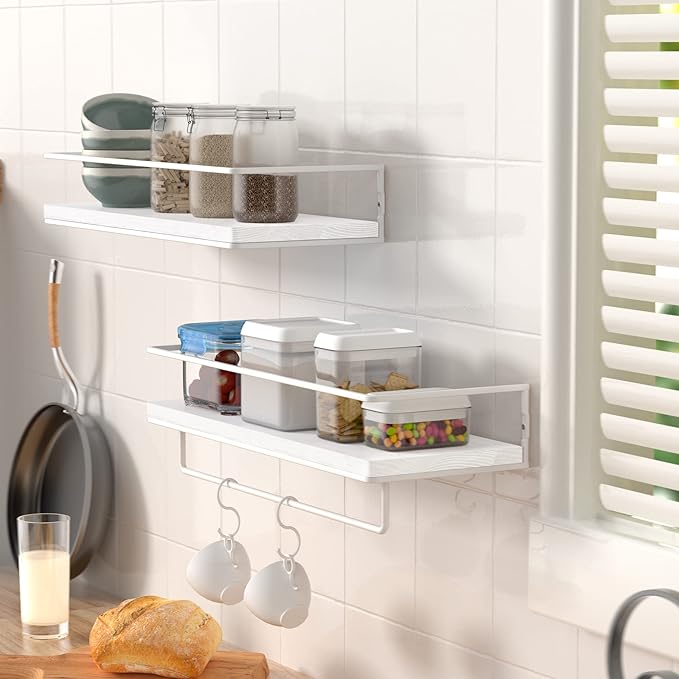ZGO Floating Shelves With Towel Rack, Wall Mounted Storage for Bathroom, Kitchen, Bedroom, Set of 2 (White)