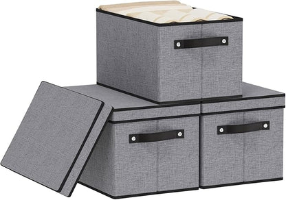 YheenLf Foldable Storage Bins with Lids, 15 x 9.8 x 8.3 Inch Storage Boxes with Handles, Fabric Closet Organizers for Wardrobe, Gray, 3-Pack