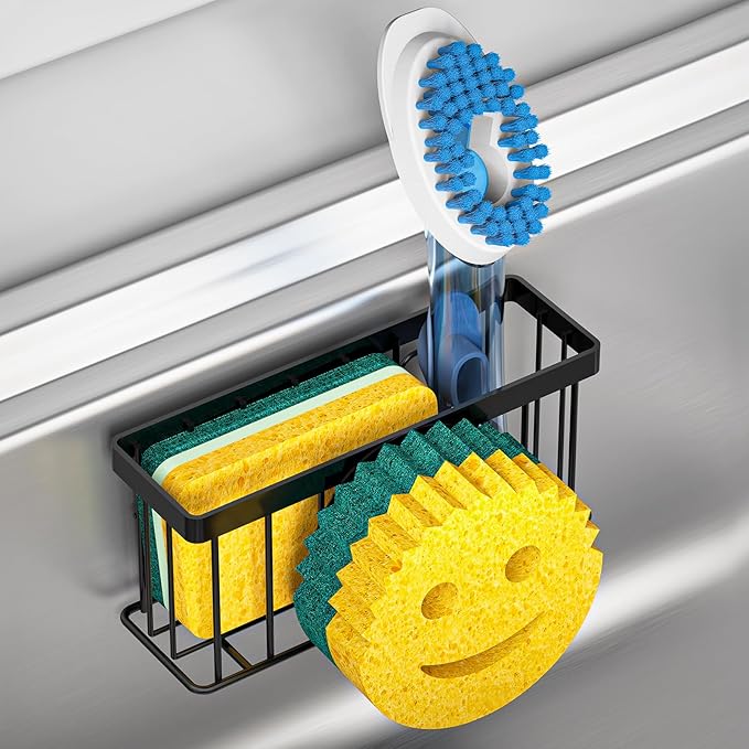 MURLONG Sponge Holder Smiley Face, Sink Caddy for kitchen Sink, Kitchen Organizer Sponge Holder with 2 PCS Suction Cups/1 PCS Adhesive Strips, Designed for Sponge, Soap, Dish brush, Scrubber-Black