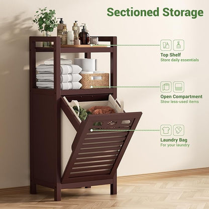 Homykic Tilt Out Laundry Hamper Cabinet, 10 Gal Bamboo Laundry Cabinet with Removable Basket, Hidden Hamper Organizer with Shelf for Dirty Clothes, Bathroom, Laundry Room, Space Saving, Espresso