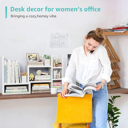 NUTIKAS Desk Shelves Desktop Organizer Shlef - White Office Organization for Top of Desk Organizers and Accessories Corner Bookshelf Table Top Shelving Small Hutch Decorations for Women Office