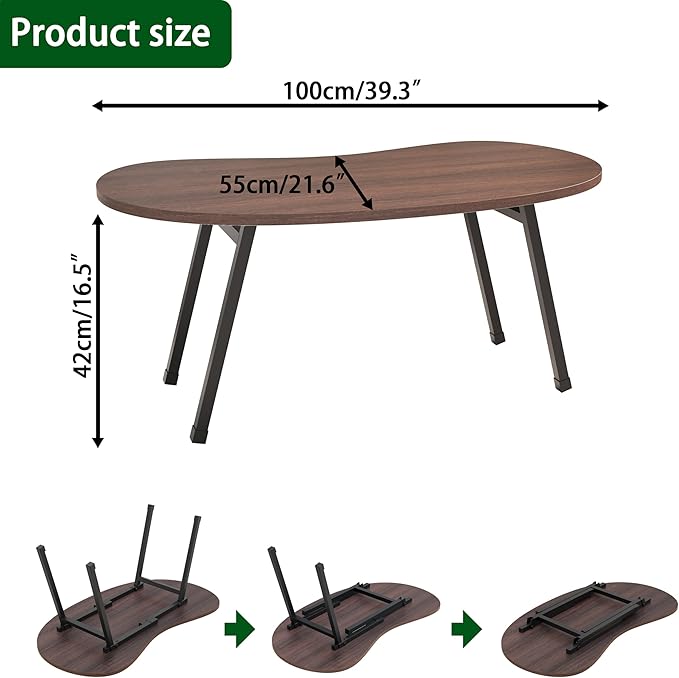 Folding Coffee Table,Mid Century Modern Coffee Table Irregular,Kidney Foldable Table,Small Farmhouse Coffee Tables Portable Table for Small Spaces,Living Room,Sofa,Bedroom Gallery,Easy Assembly,Walnut