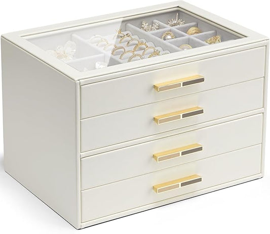 VLANDO 4 Layer Jewelry Box for Women, Glass Lid Jewelry Organizer with 4 Drawers for Necklaces Rings Earrings Bracelets - Cloud White