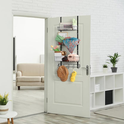 Over the Door Pantry Organizer 3 Tier Hanging Basket Back Door Storage Rack Shelf Metal Over the Door Shelves with 3 Baskets and 5 Hooks for Bathroom Kitchen Pantry Bedroom, Black