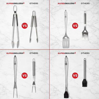 Alpha Grillers Grilling Accessories - Grilling Gifts for Men - BBQ Accessories Grill Tools Set with Spatula, Fork, Brush & Tongs - Outdoor Barbecue Utensils Gifts for Men Dad Him Boyfriend