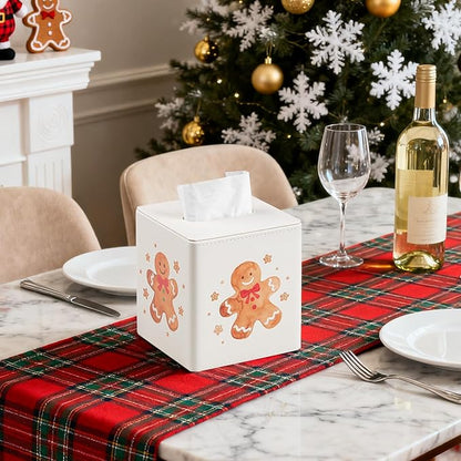 JLAMBOM PU Leather Tissue Box Cover Square Tissue Box Holder with Magnetic Closure, Decorative Tissue Holder for Bathroom Bedroom Office (Gingerbread Man)