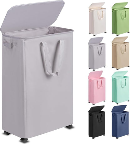 Vincona Slim Laundry Hamper with Lid and Wheels, Small Rolling Laundry Basket with Handle for Small Spaces, Tall Dirty Clothes Hampers for Dorm, Bathroom and Bedroom, 75L, Grey