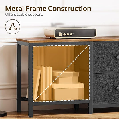 YATINEY TV Stand for TVs up to 55", Entertainment Center with 2 Fabric Drawer, Media Console with Shelves, Television Stands for Living Room, Bedroom, Rustic Brown and Black DS02BR