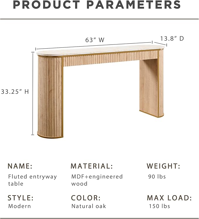 OKD Modern Fluted Console Table, 63" Long Narrow Entryway & Sofa Tables for Hallway, Tall Accent Table Behind Couch for Foyer Living Room, Natural Oak