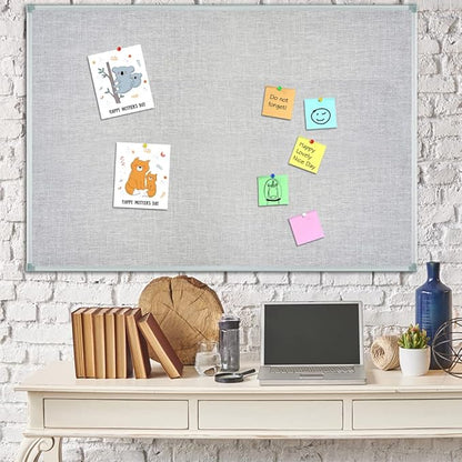 Lockways 36" x 24" Premium Cork Bulletin Board, Light Grey Framed Linen Fabric Pinboard with Silver Aluminum Frame for Home, Office & Kitchen Organization
