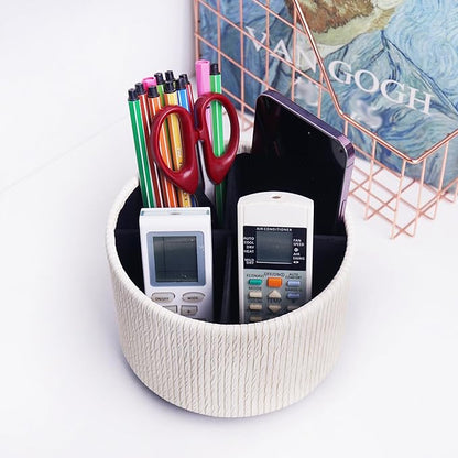 Hennaja Round Leather Art Supply Organizer,Remote Control Holder,360 Degree Spinning,Multi-Functional Pencil Holder,4 Compartments Desktop Stationary Organizer(1-Wood Beige)