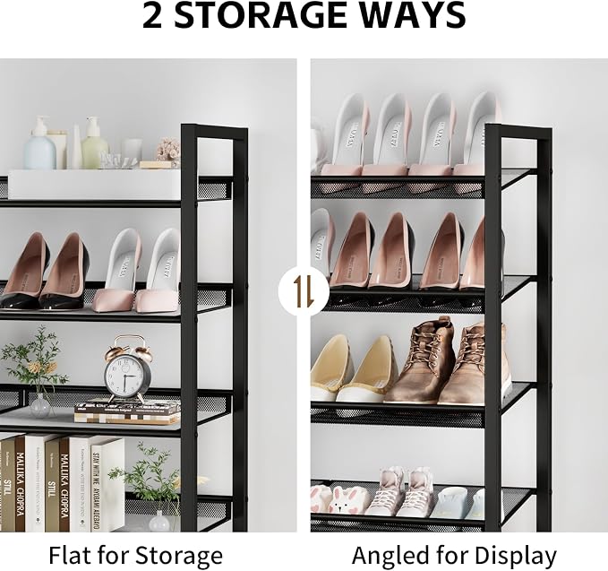 Metal Shoe Rack for Closet,entryway, 4-Tier Shoe Organizer, Adjustable Flat or Angled Shelves, Holds up to 20 Pairs Shoes, Black