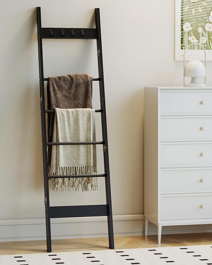 Hzuaneri Blanket Ladder for Living Room, Decorative Quilt Rack with 4 Removable Hooks, 6-Tier Farmhouse Ladder Holder Shelf Organizer for Bedroom, Black BR31504B