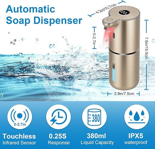 OHIFAST Automatic Liquid Soap Dispenser Touchless, USB Rechargeable Smart Hand Soap Dispenser, 6-Level Adjustable, 12.8oz/380mL Wall Mounted for Bathroom Kitchen Accessories Dish Soap-Gold