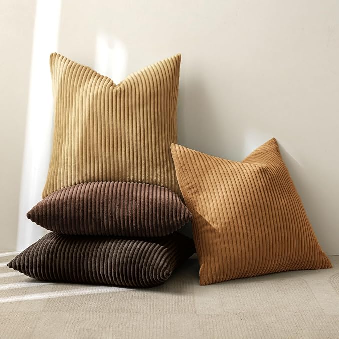 MIULEE Boho Farmhouse Throw Pillow Covers 20x20 Inch Set of 4 Rustic Mordern Neutral Cushion Covers Soft Corduroy Nordic Home Decor for Couch Bed Sofa Living Room Camel Brown