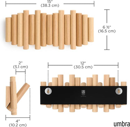 Umbra Picket Coat Rack Wall Mount – 5 Flip-Down Wood Coat Hooks, Modern & Functional Storage, Easy Install Wall Hooks, Natural