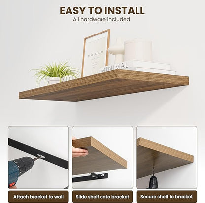 Dreamland 36" Floating Shelves for Wall, 12" Deep Slim Walnut Floating Shelves, Wall-Mounted Shelves for Bedroom, Living Room, Kitchen, Bathroom - Set of 2