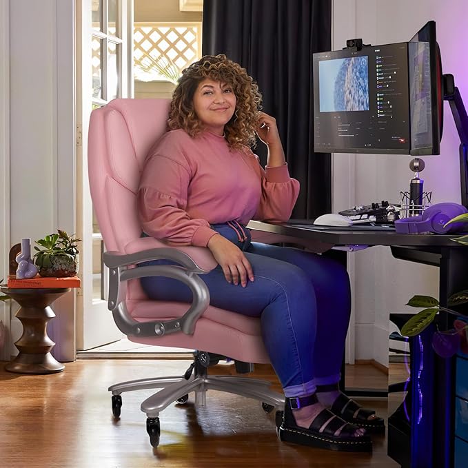 VITESSE 500lbs Heavy Duty Office Chair for Low Back Pain Relief, Big and Tall Office Chair with Ergonomic Lumbar Support, High Back Executive Chair with Quiet Rubber Wheel（Pink）