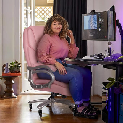 VITESSE 500lbs Heavy Duty Office Chair for Low Back Pain Relief, Big and Tall Office Chair with Ergonomic Lumbar Support, High Back Executive Chair with Quiet Rubber Wheel（Pink）