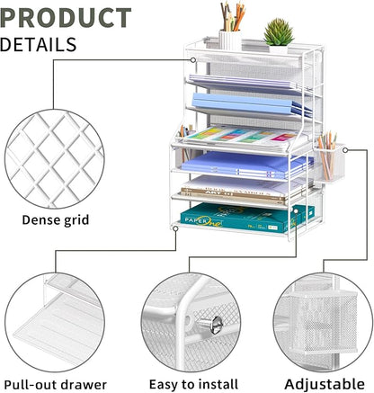 7 Tier Desk File Organizer,Metal Document Holder with Adjustable Shelves, Pull-Out Drawer & Removable Pen Holder for Office Organization,White