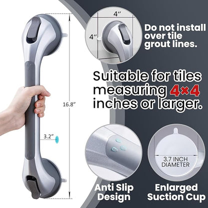 TAILI Shower Grab Bar 2 Pack 16 Inch Suction Grab Bars for Bathtubs & Showers, Heavy Duty Shower Handle Removable Shower Handrails for Elderly and Seniors, No Drilling Waterproof, Silver