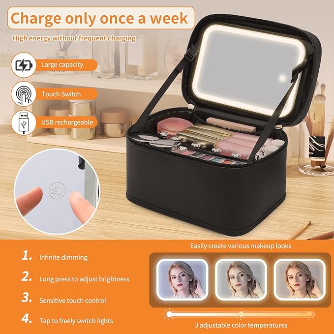 OCHEAL Makeup Bag with LED Mirror, Travel Cosmetic Organizer Vanity Case with 3 Color Setting Light Up Mirror for Women Beauty Tools Accessories Rechargeable - Black