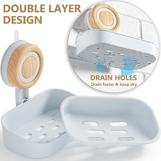 Double Layer Soap Dish for Shower 2 Pack, Wall Mounted Bar Soap Holder Suction Cup 2 Layer Self Draining Soap Case Sponge Holder for Shower Bathroom, Tub and Kitchen Sink, Sky Blue