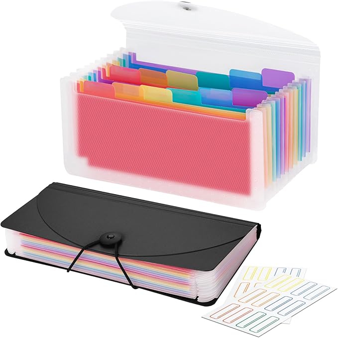 13 Pocket A6 Receipt Organizer, 2 Pack Small Accordion File Organizer, Coupon Organizer with Labels - Clear and Black