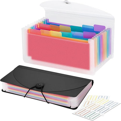 13 Pocket A6 Receipt Organizer, 2 Pack Small Accordion File Organizer, Coupon Organizer with Labels - Clear and Black