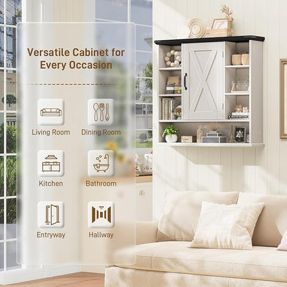 Bathroom Wall Cabinet, Farmhouse Medicine Cabinet with Adjustable Shelves and Barn Doors, Large Wall Mounted Over the Toilet Storage Cabinet for Bathroom, Laundry Room, Kitchen, Rustic White and Black