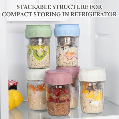 SOLIGT 4 Pack Overnight Oats Containers with Lids, Folding Spoons and Divided Compartments for Fruit & Nuts, Small Glass 16oz Mason Jars for Oatmeal (4 Set-Oat White/Green/Rose/Blue)